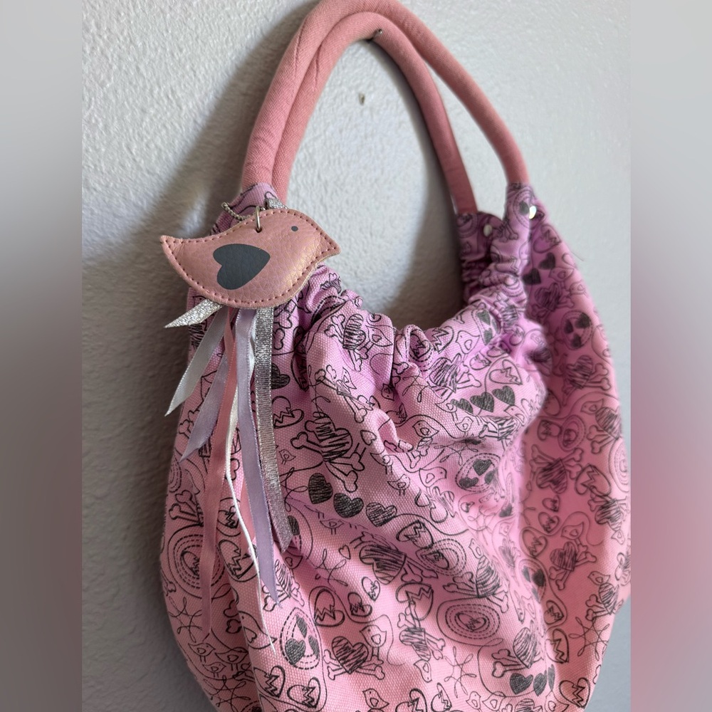 Pink canvas handbag, birds & hearts pattern, bird charm and tassels tote